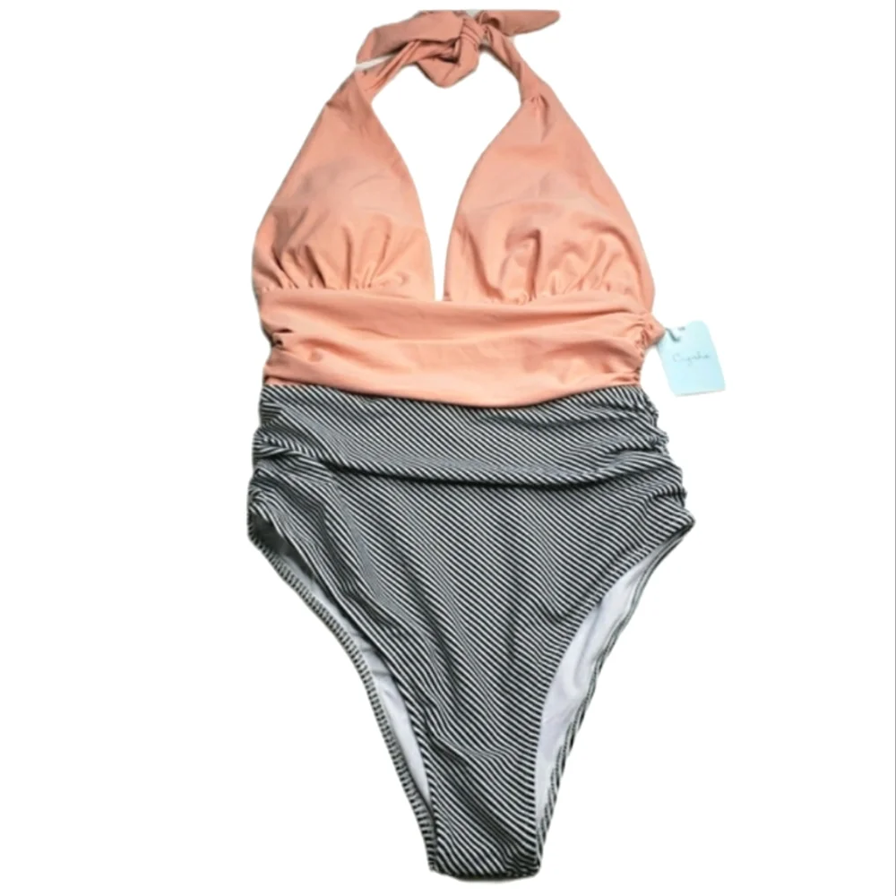 Cupshe Swimsuit One Piece Peach Black White Pinstripe Women's Medium 6/8 NWT